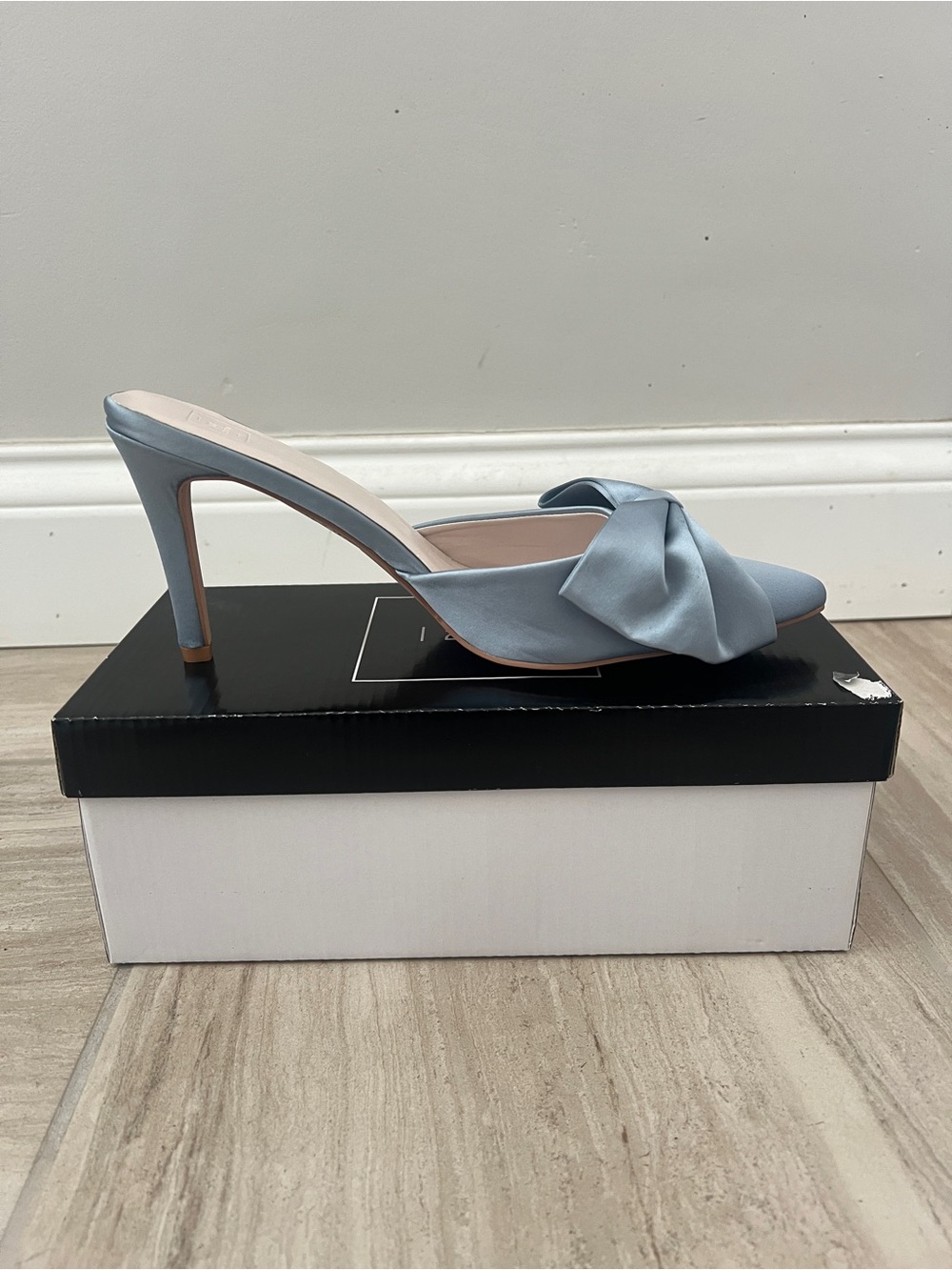 Light Blue Satin Pointed-Toe Mule with Bow - Picture 2 of 5
